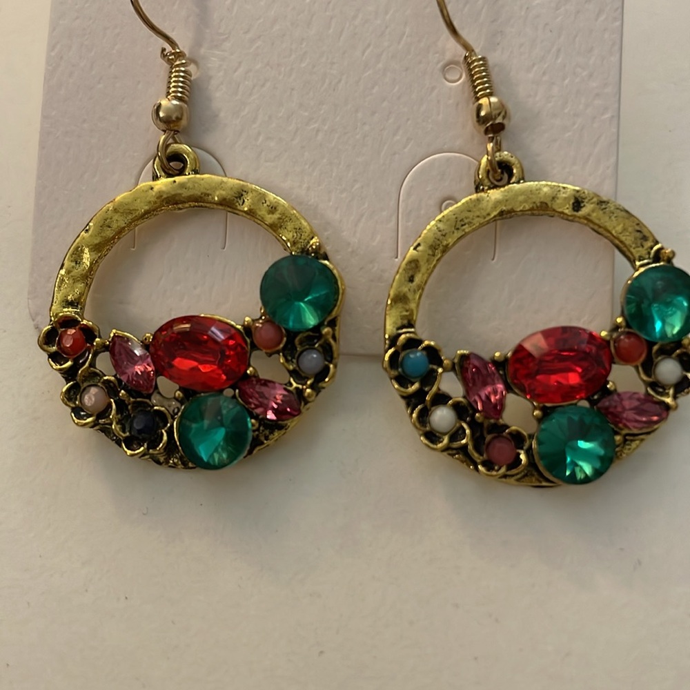 Elegant Hammered Gold and Multicolor Gem Flat Hoop Earrings - Picture 4 of 9